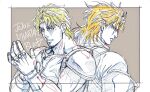  2boys animation_paper armor back-to-back color_trace colored_pencil_(medium) dio_brando fingerless_gloves gloves jojo_no_kimyou_na_bouken jonathan_joestar kinoshita_yui male_focus multiple_boys partially_colored pauldrons phantom_blood shoulder_armor traditional_media trim_marks 