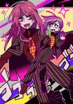  2boys diavolo dual_persona food formal freckles highres ice_cream jacket jacket_on_shoulders jojo_no_kimyou_na_bouken long_hair male_focus multiple_boys necktie pink_hair pinstripe_pattern pinstripe_suit polka_dot_necktie ponytail purple_hair sparkle striped suit tears vento_aureo vinegar_doppio yellow_eyes 