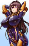  1girl black_bodysuit blush bodysuit breasts brown_hair covered_navel covered_nipples fortified_suit highres huge_breasts impossible_bodysuit impossible_clothes kiyukisuke lips long_hair looking_at_viewer muvluv muvluv_alternative muvluv_total_eclipse parted_lips pilot_suit purple_eyes shiny shiny_clothes shiny_hair skin_tight solo standing takamura_yui 