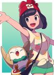  1girl :d bag bangs beanie black_hair border commentary_request eyelashes green_background green_shorts grey_eyes hat highres medium_hair open_mouth outline outside_border pokemon pokemon_(creature) pokemon_(game) pokemon_sm red_headwear rowlet selene_(pokemon) shiny shiny_hair shirt short_shorts short_sleeves shorts shoulder_bag smile t-shirt tied_shirt tongue tyako_089 white_border yellow_shirt 