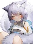  1girl absurdres animal_ears arknights between_legs blush breasts closed_mouth clothing_cutout collarbone highres medium_breasts provence_(arknights) purple_hair short_hair simple_background sitting solo tab_head tail tail_between_legs white_background yellow_eyes 