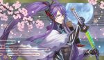  1boy blue_eyes cherry_blossoms drawing_sword full_moon highres holding holding_sword holding_weapon japanese_clothes kamui_gakupo long_hair male_focus moon ohse ponytail purple_hair samurai smile solo sword vocaloid weapon 