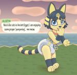  animal_crossing ankha_(animal_crossing) anthro dialogue diaper domestic_cat felid feline felis female grass hand_on_mouth hi_res looking_at_viewer mammal nintendo open_mouth pawpads paws plant rasile smile solo speech_bubble standing video_games water 