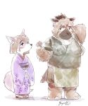  anthro asian_clothing blush brown_body brown_fur brown_hair canid canine canis child clothing domestic_dog duo east_asian_clothing embarrassed fur fuyoudo624 hair hi_res japanese_clothing lifewonders male male/male mammal offering_flower pink_body pink_fur scar slightly_chubby tanetomo tokyo_afterschool_summoners video_games yasuyori young 