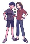  2boys bangs black_eyes black_hair black_shirt black_shorts blue_pants brown_hair commentary_request flower full_body hita_(hizokuseikogeki) holding holding_flower looking_to_the_side male_focus manatsu_no_yo_no_inmu medium_hair multiple_boys no_shoes open_mouth pants red_shirt sandals shimada_black shimada_red shirt short_hair short_sleeves shorts simple_background smile socks standing t-shirt transparent_background wristband 