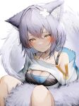  1girl absurdres animal_ears arknights between_legs blush breasts cleavage cleavage_cutout closed_mouth clothing_cutout collarbone highres medium_breasts provence_(arknights) purple_hair short_hair simple_background sitting solo tab_head tail tail_between_legs white_background yellow_eyes 