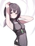  1girl absurdres arknights armpits arms_up bangs between_breasts beudelb black_shorts blush breasts brown_eyes brown_hair closed_mouth eyebrows_visible_through_hair hair_ornament hairclip hand_on_own_head highres la_pluma_(arknights) looking_at_viewer micro_shorts short_hair shorts simple_background sleeveless small_breasts solo underbust upper_body white_background 