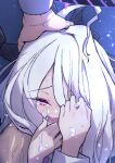  1girl alternate_costume blue_archive blush commentary_request crying crying_with_eyes_open hair_over_one_eye half-closed_eyes headpat highres hina_(blue_archive) horns long_hair looking_at_viewer missile_(pixiv) night open_mouth purple_eyes silver_hair solo_focus spoilers tears 
