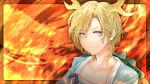  1girl antlers arkatopia blonde_hair dragon_horns face fiery_background fire hair_behind_ear hair_between_eyes highres horns kicchou_yachie light_smile looking_at_viewer red_eyes short_hair simple_background solo touhou upper_body 