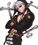  1boy abs black_sclera blood blood_on_weapon bloody_scissors colored_sclera crossed_arms fu_r_y grey_hair hat hat_bobbles jojo_no_kimyou_na_bouken male_focus no_undershirt pants pectorals red_eyes risotto_nero scissors solo striped striped_pants vento_aureo weapon 