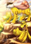  absurdres blue_eyes claws cloud commentary_request day highres kaichi_(tomiyu25) no_humans one_knee outdoors pokemon pokemon_(creature) raikou signature sky yellow_fur zeraora 