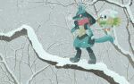  bare_tree beanie commentary_request flying from_side hat hatted_pokemon komepan lucario outdoors pink_scarf pokemon pokemon_(creature) rowlet scarf snow snowing standing tree white_headwear 