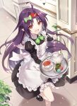  1girl :d ahoge alternate_costume apron bangs black_dress bow cake cup dress enmaided eyebrows_visible_through_hair food frilled_apron frills gabiran green_bow hair_bow hair_intakes hairband highres holding holding_tray long_hair long_sleeves looking_at_viewer maid parfait plant plate potted_plant purple_hair red_eyes red_hairband shiny shiny_hair smile solo sword_art_online tea teacup tray white_apron yuuki_(sao) 