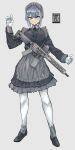  1girl apron assault_rifle black_dress black_footwear blue_eyes blue_hair blue_ribbon closed_mouth commentary_request dress frilled_apron frills full_body gloves grey_apron grey_background gun h&amp;k_hk416 hand_up long_sleeves looking_at_viewer maid maid_headdress neck_ribbon original pantyhose ribbon rifle shoes sigama simple_background smile solo standing weapon white_gloves white_pantyhose 