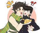  !? 2boys ^_^ battle_tendency black_hair blue_eyes blush brown_hair cheek_squash closed_eyes crop_top diamond_wa_kudakenai eyelashes father_and_son fingerless_gloves fu_r_y gakuran gloves green_scarf higashikata_josuke jojo_no_kimyou_na_bouken joseph_joestar joseph_joestar_(young) male_focus midriff multiple_boys pompadour scarf school_uniform striped striped_scarf time_paradox yellow_scarf 