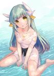  1girl bangs blush breasts cleavage dragon_girl dragon_horns eyebrows_visible_through_hair fate/grand_order fate_(series) green_hair hair_ornament highres horns kamekichi_(kamekiti) kiyohime_(fate) long_hair long_sleeves looking_at_viewer sitting small_breasts smile water wet yellow_eyes 