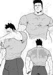  1boy ass back bara boku_no_hero_academia breath casual collage covered_nipples cropped_torso endeavor_(boku_no_hero_academia) facial_hair from_behind greyscale highres large_pectorals male_focus mature_male monochrome pain-lucky777 pants pectorals shirt spiked_hair stubble sweat wet wet_clothes wet_shirt wiping_sweat 