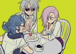  3girls black_sclera blue_hair breasts bubble_tea cake cleavage colored_sclera cup drinking_straw food genderswap genderswap_(mtf) ghiaccio grey_hair jojo_no_kimyou_na_bouken karabako melone multiple_girls ponytail purple_hair risotto_nero teacup vento_aureo 