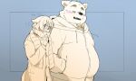  2022 anthro blush canid canine canis clothing domestic_dog duo eyes_closed inunoshippo kemono male mammal overweight overweight_male scarf simple_background sweater topwear 