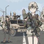  3girls american_flag assault_rifle bare_legs battle_dress_uniform blue_sky browning_m2 building bulletproof_vest camouflage day etmc1992 expressionless gloves goggles goggles_on_headwear green_eyes green_hair ground_vehicle gun hair_between_eyes helmet highres humvee long_sleeves looking_at_viewer m4_carbine motor_vehicle multiple_girls original outdoors rifle road short_shorts shorts sky street tactical_clothes weapon 