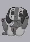  ahkin anthro anus canid canine canis clitoris domestic_dog fangs female fur genitals grey_background grey_body grey_fur hi_res legs_up mammal nintendo nintendo_switch open_mouth open_smile pawpads paws pussy semi-anthro simple_background sitting smile solo spread_legs spreading switch_dog video_games 