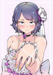  1girl absurdres bangs bare_shoulders black_choker blue_eyes blush boku_no_hero_academia bouquet breasts choker closed_mouth collarbone dark_blue_hair dress eyebrows_visible_through_hair flower glint hair_flower hair_ornament highres jewelry jirou_kyouka large_breasts long_earlobes looking_at_viewer purple_background purple_flower ring scrunchie shinonome_mozuku short_hair sleeveless sleeveless_dress solo sparkle wedding_dress wedding_ring white_flower white_scrunchie wrist_scrunchie yellow_nails 