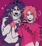  2boys alternate_hair_length alternate_hairstyle battle_tendency collar_tug diavolo earrings horns jewelry jojo_no_kimyou_na_bouken karabako kars_(jojo) lipstick long_hair makeup male_focus multiple_boys pink_hair purple_hair purple_lips shirt short_hair t-shirt vento_aureo wavy_hair wristband 