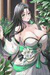  1girl :o bare_shoulders black_hair breasts cleavage dress earrings flower green_eyes highres japanese_clothes jewelry large_breasts leaf lillly lips nail_polish original sash solo tassel tassel_earrings white_flower 