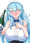  1girl ahoge beret blue_hair blue_nails blush bottle breasts closed_eyes drunk flower hair_flower hair_ornament hat highres hololive large_breasts long_hair namamii pointy_ears sake_bottle virtual_youtuber white_background yukihana_lamy 