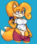  activision anthro blue_background blue_eyes bottomwear breasts canid canine clothing coco_bandicoot crash_bandicoot_(series) crossgender dunnhier1 fox genitals gynomorph hi_res holding_object holding_phone intersex looking_at_viewer mammal miles_prower penis phone sega shorts simple_background smile solo sonic_the_hedgehog_(series) video_games 