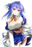  1girl 774_inc. bangs bare_shoulders belt black_ribbon blue_hair blue_skirt blush bow breasts brown_belt cowboy_shot eyebrows_visible_through_hair fuyuno_taka gem green_hair hair_between_eyes hair_intakes hair_ribbon head_tilt highres hiyoku_no_crosspiece jacket large_breasts leaning_forward long_hair looking_at_viewer midriff mole mole_on_stomach mole_under_eye off_shoulder open_clothes open_jacket orange_bow parted_lips purple_eyes ribbed_shirt ribbon shirt simple_background skirt smile solo striped striped_shirt suzumi_nemo two_side_up virtual_youtuber white_background white_jacket white_shirt wind wind_lift 