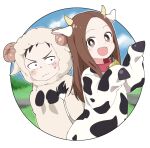  1girl :d animal_costume animal_ears animal_print bell black_eyes blush_stickers bright_pupils brown_eyes brown_hair cow_costume cow_ears cow_horns cow_print cowbell horns ixy karakai_jouzu_no_takagi-san long_hair looking_at_another looking_at_viewer neckbell nishikata sheep_costume smile takagi-san white_pupils 