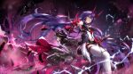  2girls armor ass bangs black_bodysuit black_cape black_hair bodysuit bow_(weapon) breasts cape cleavage cloak electricity feathers gauntlets highres holding holding_bow_(weapon) holding_weapon honkai_(series) honkai_impact_3rd hood horns japanese_armor katana long_hair multiple_girls pale_skin purple_eyes purple_hair raiden_mei raiden_mei_(herrscher_of_thunder) raven_(honkai_impact_3rd) red_eyes sheath sheathed silver_hair single_gauntlet smile sword thighhighs thighs very_long_hair weapon white_legwear zombie-andy 