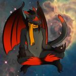  a_star_ulven anthro black_body black_fur black_hair canid canine canis claws crossed_legs dragon floating fur hair hybrid male mammal meditation membrane_(anatomy) membranous_wings panin_(artist) red_body red_fur red_membrane red_wings scarf solo space star wings wolf yellow_eyes yellow_scarf 