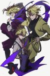  3boys blonde_hair child dio_brando hands_on_hips highres jacket jojo_no_kimyou_na_bouken karabako male_focus multiple_boys older phantom_blood purple_scarf red_eyes scarf stardust_crusaders suspenders yellow_jacket younger 