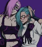  alternate_hairstyle blue_hair blue_nails clothing_cutout domino_mask ghiaccio glasses gloves hairstyle_switch jojo_no_kimyou_na_bouken karabako long_hair male_focus mask melone purple_hair red-framed_eyewear sidecut vento_aureo 