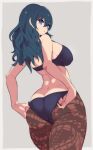  1girl adjusting_clothes adjusting_panties ass black_bra black_panties blue_eyes blue_hair bra breasts byleth_(fire_emblem) byleth_(fire_emblem)_(female) fire_emblem fire_emblem:_three_houses from_behind highres large_breasts long_hair looking_back nac000 panties pantyhose underwear underwear_only 