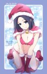  1girl all_fours bikini black_hair blue_eyes breasts christmas cleavage closed_mouth dated gloves hat highres looking_at_viewer midriff navel nii_manabu original pink_bikini red_gloves red_headwear red_legwear santa_hat short_hair signature smile solo swimsuit 