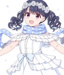  1girl bangs black_hair commentary_request dress fangs flower_wreath fukumaru_koito highres idolmaster idolmaster_shiny_colors looking_at_viewer medium_hair nagi_uru open_mouth purple_eyes scarf skin_fangs solo twintails upper_body white_background white_dress 