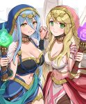  2girls azura_(fire_emblem) bangs blush breasts cleavage collarbone commentary_request cowboy_shot eyebrows_visible_through_hair fire_emblem fire_emblem_heroes gonzarez hair_between_eyes highres leanne_(fire_emblem) looking_at_viewer midriff multiple_girls navel official_alternate_costume parted_lips partial_commentary sidelocks smile standing 