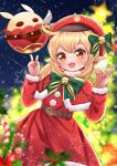  1girl absurdres ahoge artist_name bell belt blonde_hair blurry blurry_background blurry_foreground bokeh bow cabbie_hat candy_apple christmas clover_print commentary_request depth_of_field dress eyebrows_visible_through_hair food fur_trim genshin_impact hair_between_eyes hands_up hat hayin_hoang highres jingle_bell jumpy_dumpty klee_(genshin_impact) long_sleeves looking_at_viewer open_mouth orange_eyes outdoors pointy_ears red_dress santa_dress short_twintails sidelocks sky star_(sky) star_(symbol) star_print starry_sky twintails v yellow_eyes 
