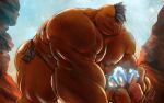  2022 bigdudeart biped blue_eyes breath_of_the_wild goron hi_res humanoid humanoid_hands male muscular muscular_male nintendo nipples outside overweight overweight_male solo the_legend_of_zelda video_games yunobo 