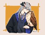  1girl animal_on_arm animalization arknights bird bird_on_arm black_robe blue_necktie brown_background collared_shirt commentary crossover dragon_horns glasses harry_potter_(series) highres hogwarts_school_uniform horns long_hair necktie orange_background orange_eyes owl ravenclaw saria_(arknights) school_uniform shirt silence_(arknights) silver_hair striped_necktie symbol-only_commentary twitter_username zy 