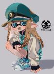  1girl blue_eyes blue_footwear blue_headwear blush brown_hair brown_tongue colored_tongue fangs hat inkling long_hair long_sleeves looking_at_viewer maco_spl open_mouth pointy_ears shoes smile sneakers solo splatoon_(series) squatting tentacle_hair 