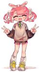  1girl blush closed_eyes double_v eyebrows_visible_through_hair facing_viewer fangs full_body green_necktie inkling leg_warmers long_sleeves maco_spl necktie open_mouth pink_hair pointy_ears shoes short_hair smile sneakers solo splatoon_(series) tentacle_hair v white_footwear 