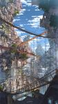  above_clouds architecture blue_sky bridge building cityscape cloud commentary_request day hanging_bridge highres ivy no_humans original outdoors pillar railing scenery signature sky waisshu_(sougyokyuu) window wooden_bridge 