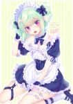  1boy absurdres alternate_costume apron black_gloves black_jacket chest_strap collar crossdressing dress enmaided frilled_collar frills gloves green_hair hand_in_hair highres jacket kisekisaki kneeling leg_belt lio_fotia looking_at_viewer maid maid_headdress male_focus off-shoulder_dress off_shoulder otoko_no_ko promare puffy_sleeves purple_eyes sitting solo wariza 