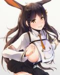  1girl :d animal_ears areola_slip areolae azur_lane bangs black_hair black_skirt braid breasts brown_eyes chikuma_(azur_lane) collared_shirt commentary_request dermar eyebrows_visible_through_hair hair_ribbon highres large_breasts long_hair looking_at_viewer open_mouth panties rabbit_ears ribbon shirt signature simple_background skirt smile solo standing underwear white_background white_shirt 