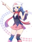  1girl :d absurdres arm_up bangs beanie black_hair black_legwear black_shirt blue_eyes bracelet caramell0501 dawn_(pokemon) hat highres holding holding_poke_ball jewelry kneehighs long_hair looking_at_viewer open_mouth pink_skirt pointing pointing_up poke_ball poke_ball_print pokemon pokemon_(game) pokemon_dppt red_scarf scarf shirt skirt sleeveless sleeveless_shirt smile solo standing white_background white_headwear 