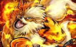  arcanine black_eyes bright_pupils commentary_request fangs fire kaosu_(kaosu0905) looking_at_viewer no_humans open_mouth pokemon pokemon_(creature) signature solo tongue white_pupils 